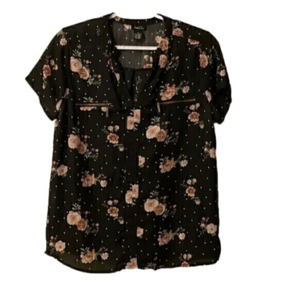 RUE21 Black Floral Polka Dot Zipper Pockets Medium Blouse